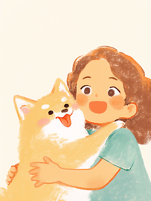 JPG 여자 행복 어린이 일러스트 가족 포옹 한명 미소 소녀 상반신 노란색 귀여움 강아지 메롱 파스텔 베이지색 소녀한명만 시바견 국내일러스트 AI일러스트 AI콘텐츠 1 감정 컬러 컨셉 관계 안기 모션 학용품 표정 사람 반려동물 개 여자한명만 소녀만 파일형식