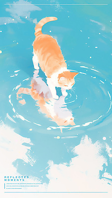 PSD 동물 구름 물결 일러스트 하늘 사람없음 파란색 하이앵글 반사 귀여움 고양이 웅덩이 감성 물결파장 파스텔 국내일러스트 자연요소 뷰포인트 컬러 컨셉 포유류 학용품 반려동물 파일형식