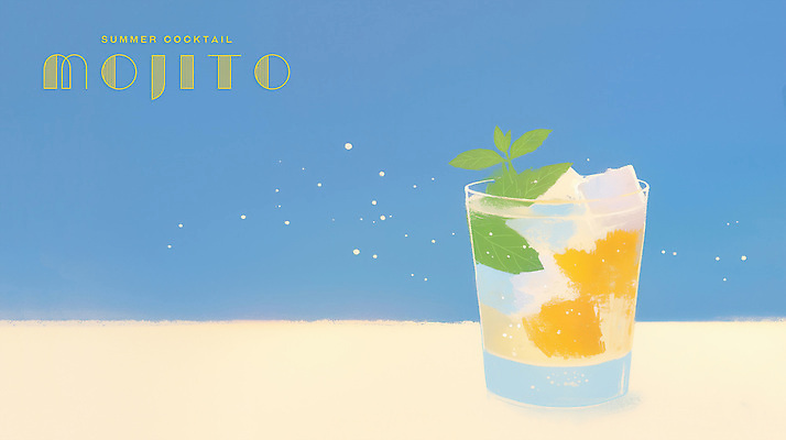 PSD 하늘색 잎 일러스트 사람없음 여름 칵테일잔 각얼음 레몬장식 모히토 국내일러스트 식물 계절 술잔 장식 파란색 얼음 칵테일 레몬 파일형식