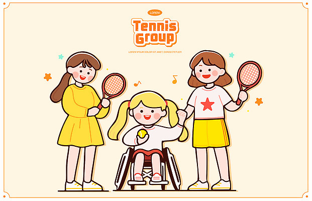 전신 여자 별 어린이 음표 일러스트 미소 들기 소녀 세명 노란색 테니스라켓 그룹 테니스공 장애인 휠체어 스포츠캐릭터 테니스복 어린이만 소녀만 일러캐릭터 GX AI파일 자연요소 캐릭터 기호 음악 컬러 공 모션 표정 사람 운동복 운동 테니스 라켓 테니스용품 장애 여자만 파일형식 벡터