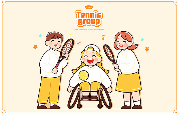 전신 여자 남자 별 어린이 음표 일러스트 미소 들기 소녀 소년 세명 노란색 테니스라켓 그룹 테니스공 장애인 휠체어 스포츠캐릭터 테니스복 어린이만 일러캐릭터 GX AI파일 자연요소 캐릭터 기호 음악 컬러 공 모션 표정 사람 운동복 운동 테니스 라켓 테니스용품 장애 파일형식 벡터