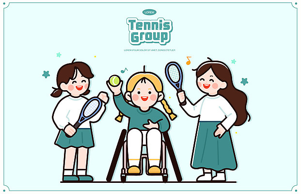 전신 여자 별 어린이 음표 일러스트 미소 들기 소녀 세명 테니스라켓 그룹 테니스공 장애인 휠체어 스포츠캐릭터 민트색 테니스복 어린이만 소녀만 일러캐릭터 GX AI파일 자연요소 캐릭터 기호 음악 컬러 공 모션 표정 사람 운동복 운동 테니스 라켓 테니스용품 장애 여자만 파일형식 벡터