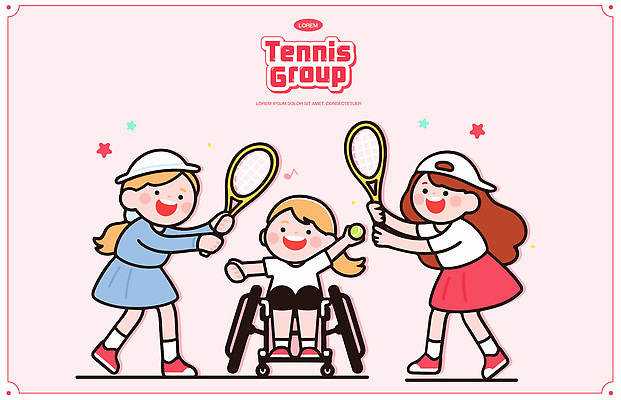 전신 모자 여자 별 어린이 분홍색 음표 일러스트 미소 들기 소녀 세명 테니스라켓 그룹 테니스공 장애인 휠체어 스포츠캐릭터 테니스복 어린이만 소녀만 일러캐릭터 GX AI파일 자연요소 캐릭터 기호 잡화 음악 컬러 공 모션 표정 사람 운동복 운동 테니스 라켓 테니스용품 장애 여자만 파일형식 벡터