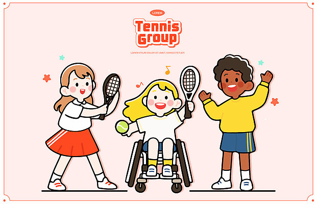 전신 여자 남자 별 어린이 분홍색 음표 일러스트 미소 들기 소녀 소년 세명 테니스라켓 그룹 테니스공 장애인 휠체어 스포츠캐릭터 테니스복 어린이만 일러캐릭터 GX AI파일 자연요소 캐릭터 기호 음악 컬러 공 모션 표정 사람 운동복 운동 테니스 라켓 테니스용품 장애 파일형식 벡터