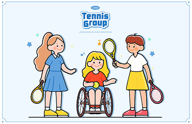 전신 여자 별 어린이 하늘색 음표 일러스트 미소 들기 소녀 세명 테니스라켓 그룹 테니스공 장애인 휠체어 스포츠캐릭터 테니스복 어린이만 소녀만 일러캐릭터 GX AI파일 자연요소 캐릭터 기호 음악 공 모션 표정 사람 파란색 운동복 운동 테니스 라켓 테니스용품 장애 여자만 파일형식 벡터