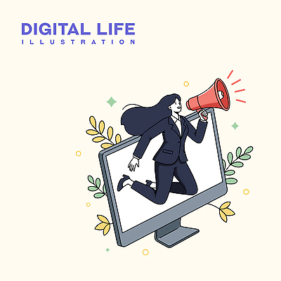 전신 여자 잎 일러스트 비즈니스 한명 들기 정장 성인 비즈니스라이프 반짝임 모니터 점프 확성기 비즈니스우먼 성인여자한명만 디지털라이프 국내일러스트 AI파일 식물 1 라이프스타일 옷 모션 사람 컴퓨터 직장인 여자한명만 성인여자만 파일형식 벡터