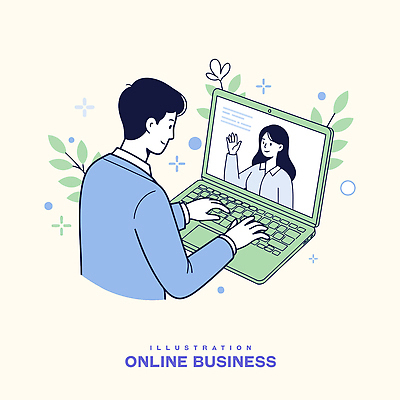 여자 남자 꽃 잎 일러스트 비즈니스 정장 상반신 성인 두명 비즈니스라이프 노트북 타이핑 비즈니스우먼 손인사 화상통화 성인만 비대면서비스 디지털라이프 국내일러스트 AI파일 식물 라이프스타일 옷 사람 전자제품 인사 직장인 서비스 통화 파일형식 벡터 언택트