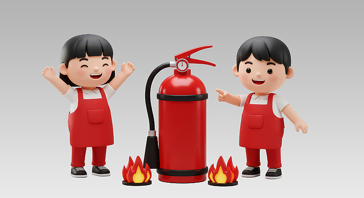 전신 PSD 편집이미지 여자 남자 어린이 불꽃 교육캐릭터 3D캐릭터 미소 소녀 소년 두명 빨간색 앞치마 만세 가리킴 소화기 화재예방 어린이만 소방교육 편집3D 캐릭터 교육 컬러 모션 불 표정 사람 손짓 3D 안전장비 소방 예방 파일형식