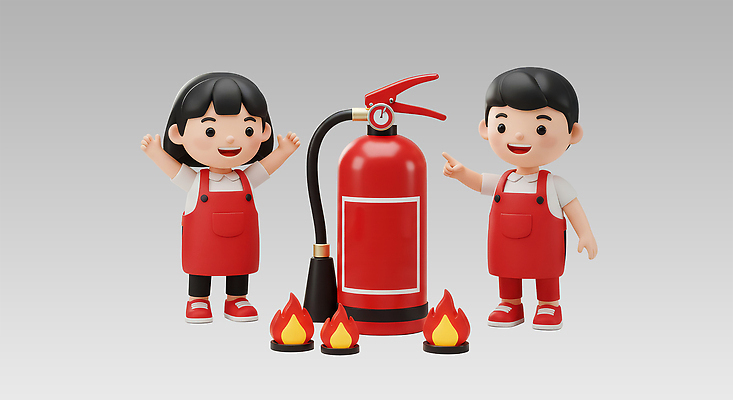 전신 PSD 편집이미지 여자 남자 어린이 불꽃 교육캐릭터 3D캐릭터 미소 소녀 소년 두명 빨간색 앞치마 만세 가리킴 소화기 화재예방 어린이만 소방교육 편집3D 캐릭터 교육 컬러 모션 불 표정 사람 손짓 3D 안전장비 소방 예방 파일형식