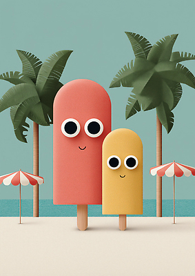 JPG 편집이미지 하늘 미소 해변 사람없음 야자수 파라솔 막대아이스크림 편집실사 AI컴퓨터그래픽 AI콘텐츠 나무 바다 아이스크림 표정 CG 파일형식