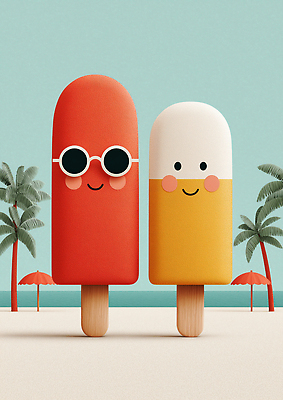 JPG 편집이미지 하늘 미소 해변 사람없음 야자수 파라솔 막대아이스크림 편집실사 AI컴퓨터그래픽 AI콘텐츠 나무 바다 아이스크림 표정 CG 파일형식