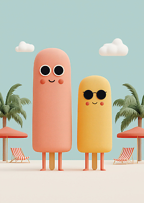 JPG 구름 편집이미지 하늘 미소 해변 사람없음 야자수 파라솔 막대아이스크림 편집실사 AI컴퓨터그래픽 AI콘텐츠 자연요소 나무 바다 아이스크림 표정 CG 파일형식