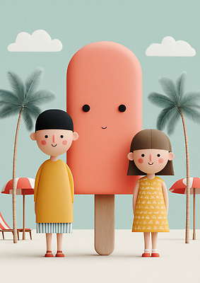 JPG 구름 편집이미지 여자 남자 어린이 하늘 미소 소녀 소년 해변 두명 야자수 파라솔 뒷짐 막대아이스크림 어린이만 편집실사 AI컴퓨터그래픽 AI콘텐츠 자연요소 나무 바다 모션 아이스크림 표정 사람 CG 파일형식