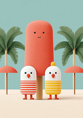 JPG 편집이미지 하늘 미소 해변 사람없음 야자수 파라솔 부리 막대아이스크림 편집실사 AI컴퓨터그래픽 AI콘텐츠 나무 바다 아이스크림 표정 CG 파일형식