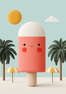 JPG 구름 편집이미지 하늘 미소 해변 사람없음 야자수 태양 파라솔 막대아이스크림 편집실사 AI컴퓨터그래픽 AI콘텐츠 자연요소 나무 바다 아이스크림 표정 CG 파일형식