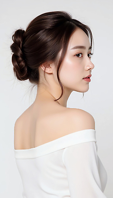 JPG 편집이미지 여자 상의 한명 상반신 성인 옆모습 뷰티 흰색 올린머리 의료성형뷰티 성인여자한명만 편집실사 오프숄더 AI인물포토 AI콘텐츠 1 헤어스타일 옷 뷰포인트 컬러 사람 CG 여자한명만 성인여자만 파일형식 AI포토