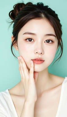 JPG 편집이미지 여자 얼굴 한명 성인 만지기 피부관리 화사함 광택 스킨케어 민트색 의료성형뷰티 성인여자한명만 편집실사 AI인물포토 AI콘텐츠 1 컬러 컨셉 모션 사람 신체부위 뷰티 CG 여자한명만 성인여자만 파일형식 AI포토