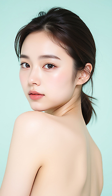 JPG 편집이미지 여자 얼굴 한명 성인 뒷모습 피부관리 화사함 광택 스킨케어 민트색 의료성형뷰티 성인여자한명만 편집실사 AI인물포토 AI콘텐츠 1 뷰포인트 컬러 컨셉 사람 신체부위 뷰티 CG 여자한명만 성인여자만 파일형식 AI포토