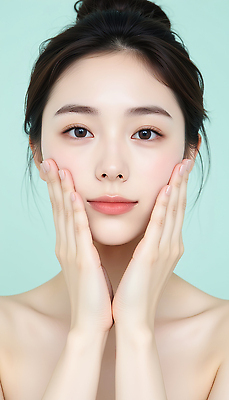 JPG 편집이미지 여자 얼굴 한명 성인 만지기 피부관리 화사함 광택 스킨케어 민트색 의료성형뷰티 성인여자한명만 편집실사 AI인물포토 AI콘텐츠 1 컬러 컨셉 모션 사람 신체부위 뷰티 CG 여자한명만 성인여자만 파일형식 AI포토