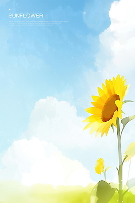 PSD 구름 하늘색 잎 일러스트 하늘 해바라기 수채화 사람없음 여름풍경 국내일러스트 자연요소 식물 꽃 풍경 파란색 파일형식 여름_계절