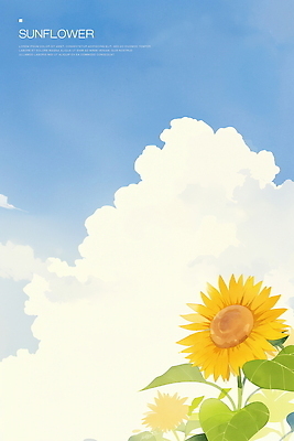 PSD 구름 하늘색 잎 일러스트 하늘 해바라기 수채화 사람없음 여름풍경 국내일러스트 자연요소 식물 꽃 풍경 파란색 파일형식 여름_계절