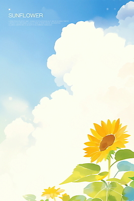 PSD 구름 하늘색 잎 일러스트 하늘 해바라기 수채화 사람없음 여름풍경 국내일러스트 자연요소 식물 꽃 풍경 파란색 파일형식 여름_계절