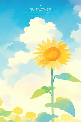 PSD 구름 하늘색 잎 일러스트 하늘 해바라기 수채화 사람없음 여름풍경 국내일러스트 자연요소 식물 꽃 풍경 파란색 파일형식 여름_계절
