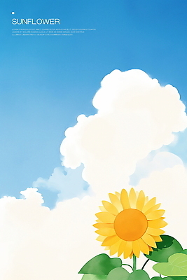 PSD 구름 하늘색 잎 일러스트 하늘 해바라기 수채화 사람없음 여름풍경 국내일러스트 자연요소 식물 꽃 풍경 파란색 파일형식 여름_계절