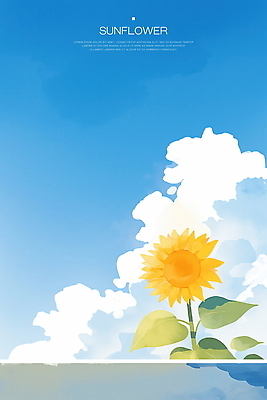 PSD 구름 하늘색 잎 일러스트 하늘 해바라기 수채화 사람없음 여름풍경 국내일러스트 자연요소 식물 꽃 풍경 파란색 파일형식 여름_계절