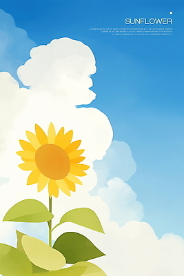 PSD 구름 하늘색 잎 일러스트 하늘 해바라기 수채화 사람없음 여름풍경 국내일러스트 자연요소 식물 꽃 풍경 파란색 파일형식 여름_계절