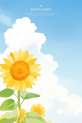 PSD 구름 하늘색 잎 일러스트 하늘 해바라기 수채화 사람없음 여름풍경 국내일러스트 자연요소 식물 꽃 풍경 파란색 파일형식 여름_계절