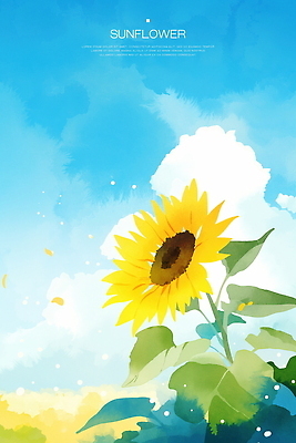 PSD 구름 하늘색 잎 일러스트 하늘 해바라기 수채화 사람없음 여름풍경 국내일러스트 자연요소 식물 꽃 풍경 파란색 파일형식 여름_계절