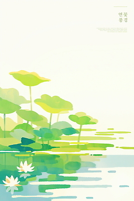 PSD 일러스트 자연 수채화 연꽃 사람없음 반사 여름풍경 연못 수면 연잎 연꽃축제 국내일러스트 꽃 잎 풍경 물 생태계 꽃축제 파일형식 여름_계절