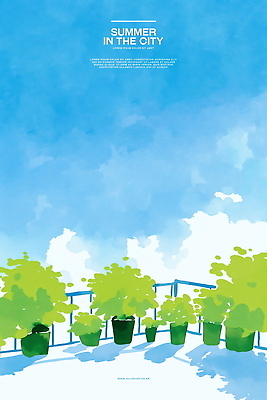 PSD 식물 화분 일러스트 난간 하늘 수채화 그림자 사람없음 여름풍경 국내일러스트 풍경 파일형식 여름_계절