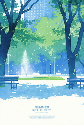 PSD 나무 공원 가로등 벤치 일러스트 나뭇잎 수채화 그림자 빌딩 사람없음 여름풍경 분수_분수대 국내일러스트 식물 공공시설 잎 의자 풍경 건물 분수대 파일형식 여름_계절