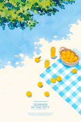 PSD 오렌지 일러스트 나뭇잎 잔 수채화 그림자 사람없음 여름풍경 돗자리 체크무늬 과일바구니 나무그늘 국내일러스트 나무 식기 잎 무늬 과일 풍경 바구니 그늘 파일형식 여름_계절