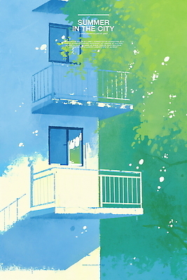 PSD 나무 벽 일러스트 창문 난간 나뭇잎 수채화 그림자 사람없음 건물 여름풍경 발코니 국내일러스트 식물 건축물 잎 풍경 파일형식 여름_계절