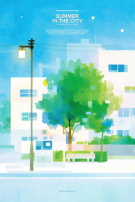 PSD 나무 도로 가로등 벤치 일러스트 하늘 수채화 사람없음 건물 빛 여름풍경 도시 풀 국내일러스트 식물 건축물 공공시설 길 의자 교통시설 풍경 파일형식 여름_계절