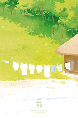 PSD 나무 일러스트 수채화 초가집 잔디 사람없음 여름풍경 시골 풀 빨래 빨랫줄 숲속 국내일러스트 식물 줄 가사 한옥 풍경 숲 파일형식 여름_계절