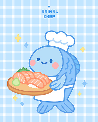 접시 하늘색 일러스트 요리사모자 미소 들기 사람없음 반짝임 앞치마 초밥 고추냉이 서빙 어류캐릭터 일러캐릭터 AI파일 캐릭터 모자_잡화 식기 동물캐릭터 모션 표정 어류 파란색 요리사 양념 일본음식 파일형식 벡터