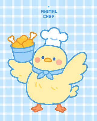 그릇 하늘색 일러스트 요리사모자 미소 들기 사람없음 손들기 스카프 치킨 서빙 병아리캐릭터 일러캐릭터 AI파일 캐릭터 모자_잡화 식기 동물캐릭터 모션 표정 병아리 파란색 요리사 목도리 닭고기요리 파일형식 벡터