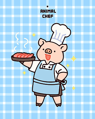 접시 허리손 하늘색 일러스트 요리사모자 미소 들기 사람없음 반짝임 앞치마 삼겹살 서빙 돼지캐릭터 일러캐릭터 AI파일 캐릭터 모자_잡화 식기 동물캐릭터 포즈 모션 표정 돼지고기 파란색 요리사 돼지 파일형식 벡터