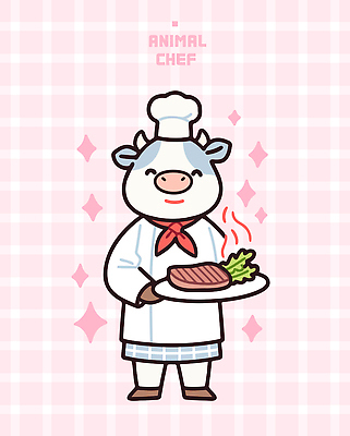 접시 분홍색 잎 일러스트 요리사모자 스테이크 미소 들기 사람없음 반짝임 스카프 조리복 서빙 소캐릭터 일러캐릭터 AI파일 식물 캐릭터 모자_잡화 식기 컬러 동물캐릭터 유니폼 모션 서양음식 표정 요리사 목도리 소 파일형식 벡터