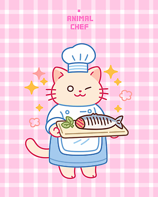 접시 분홍색 잎 일러스트 요리사모자 윙크 미소 들기 사람없음 반짝임 앞치마 서빙 생선구이 고양이캐릭터 일러캐릭터 AI파일 식물 캐릭터 모자_잡화 식기 컬러 동물캐릭터 모션 표정 요리사 고양이 구이 생선요리 파일형식 벡터