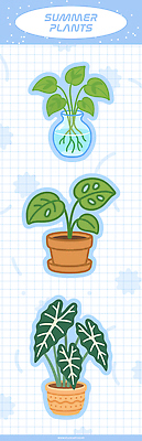 화분 스티커 일러스트 사람없음 여름 파란색 꽃병 격자 알로카시아 국내일러스트 AI파일 식물 계절 꽃 컬러 무늬 파일형식 벡터