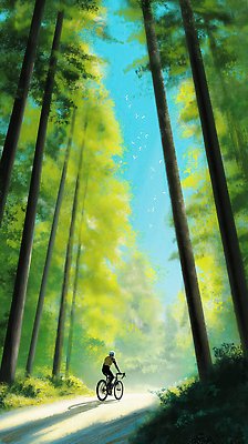 JPG 전신 나무 남자 일러스트 조류 그림자 한명 성인 햇빛 자전거 여름풍경 승차 숲속 숲길 사이클링 성인남자한명만 국내일러스트 AI일러스트 AI콘텐츠 식물 동물 1 길 모션 사람 풍경 태양 바이크 숲 육상스포츠 남자한명만 성인남자만 파일형식 여름_계절