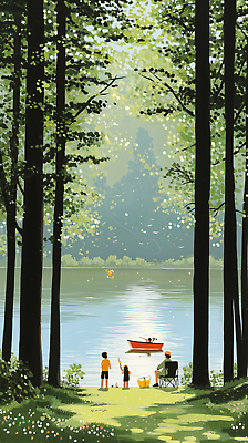 JPG 나무 모자 여자 남자 호수 어린이 의자 일러스트 낚시 그림자 앉기 소녀 소년 여러명 성인 햇빛 여름풍경 숲속 선박 국내일러스트 AI일러스트 AI콘텐츠 식물 잡화 가구 다수 수상교통 모션 레저 사람 풍경 태양 숲 파일형식 여름_계절