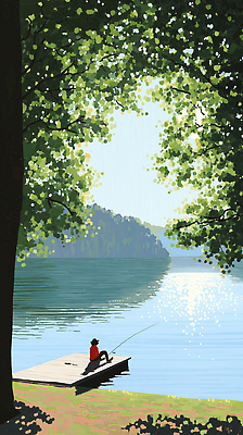 JPG 전신 나무 모자 남자 호수 일러스트 낚시 그림자 한명 들기 앉기 성인 햇빛 항구 여름풍경 낚싯대 성인남자한명만 국내일러스트 AI일러스트 AI콘텐츠 식물 1 잡화 교통시설 모션 레저 사람 풍경 태양 낚시용품 남자한명만 성인남자만 파일형식 여름_계절