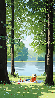 JPG 전신 나무 모자 남자 호수 음식 꽃밭 일러스트 그림자 한명 앉기 잔디 성인 소풍 여름풍경 숲속 돗자리 성인남자한명만 국내일러스트 AI일러스트 AI콘텐츠 식물 1 잡화 꽃 모션 사람 풍경 야외활동 숲 남자한명만 성인남자만 파일형식 여름_계절