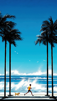 JPG 전신 남자 파도 일러스트 조류 하늘 그림자 한명 성인 해변 야자수 달리기 조깅 여름풍경 산책 강아지 성인남자한명만 국내일러스트 AI일러스트 AI콘텐츠 나무 동물 1 바다 모션 휴식 사람 풍경 반려동물 운동 개 남자한명만 성인남자만 파일형식 여름_계절